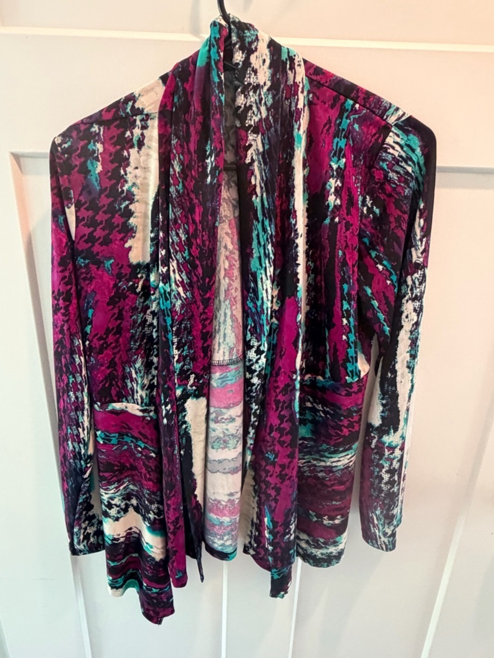 Kasper Open Front Cardigan Medium Abstract Print Lightweight Jacket Pink Teal